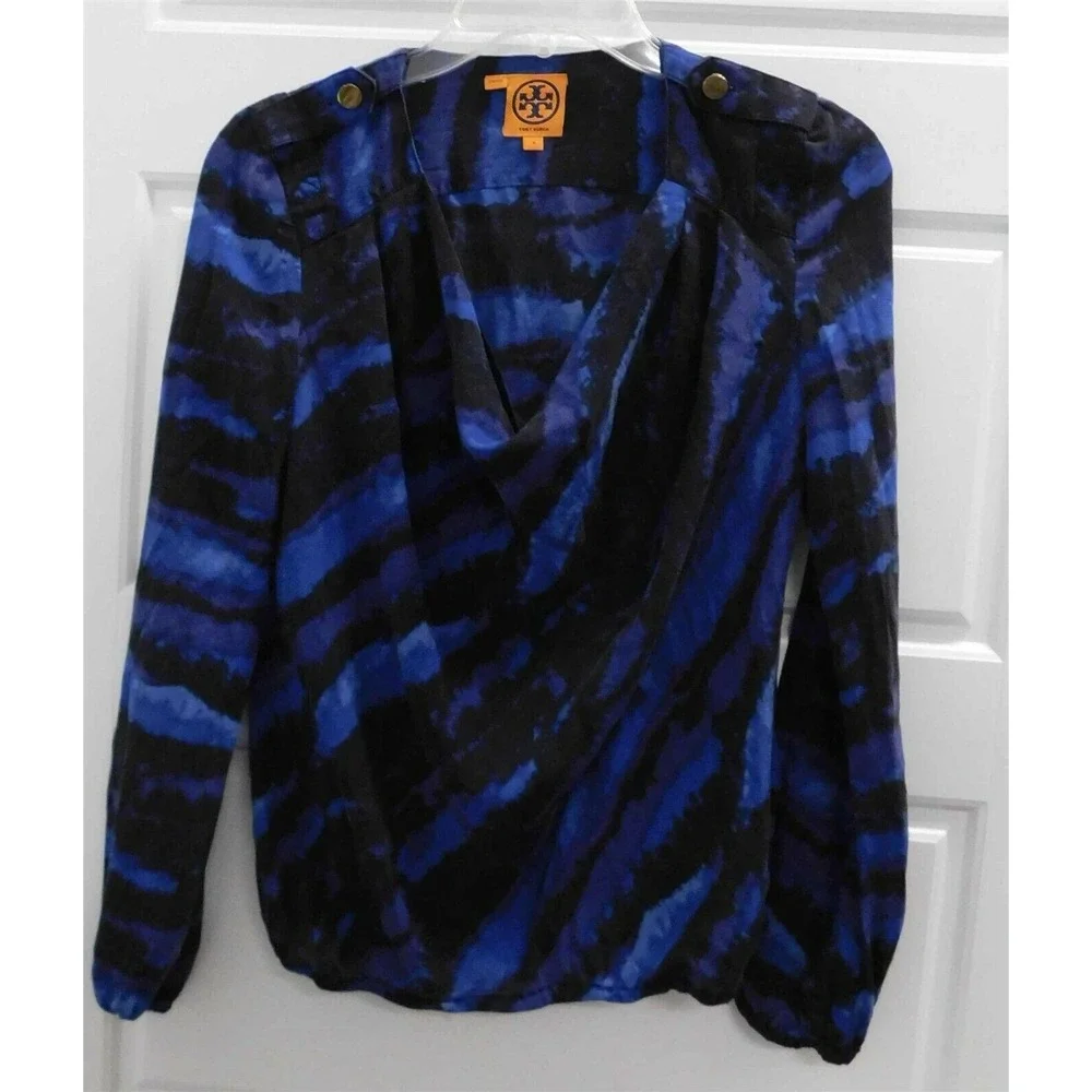 Tory Burch Blue Black‎ Abstract Stripe 100% Silk Blouse sz 0