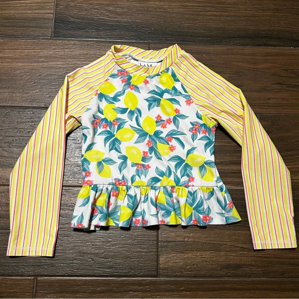 Nicole Miller Girls Swim Rash Guard 6 Lemons Pink Stripes Floral‎ Top Only