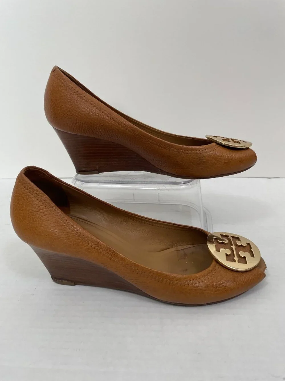 Tory Burch Sally Peep-Toe Wedge Pumps with Gold Logo Brown Leather Size: 9