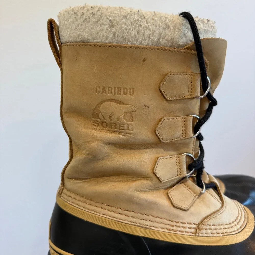 Sorel Caribou Mens 10 Waterproof Winter Snow Boots Buff Black NM1000-281
