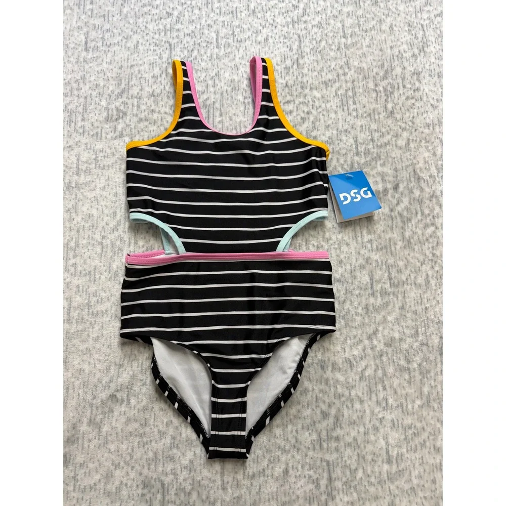 DSG Girls Sanibel Stripe One Piece Swimsuit Cut Outs Black White‎ Size S NEW