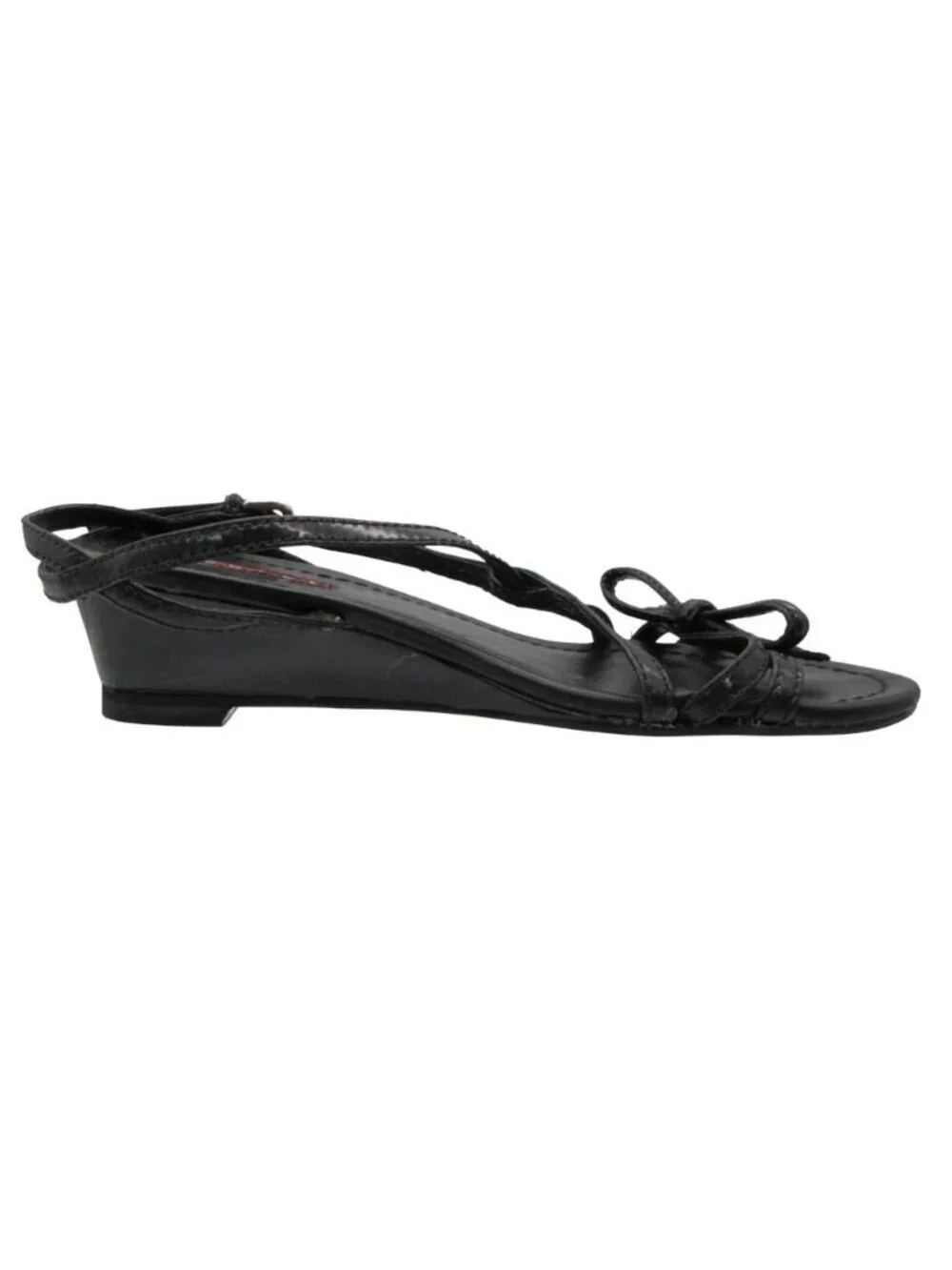Prada Sandals Wedge Sole Ribbon Cross Strap Logo Patent Leather Black