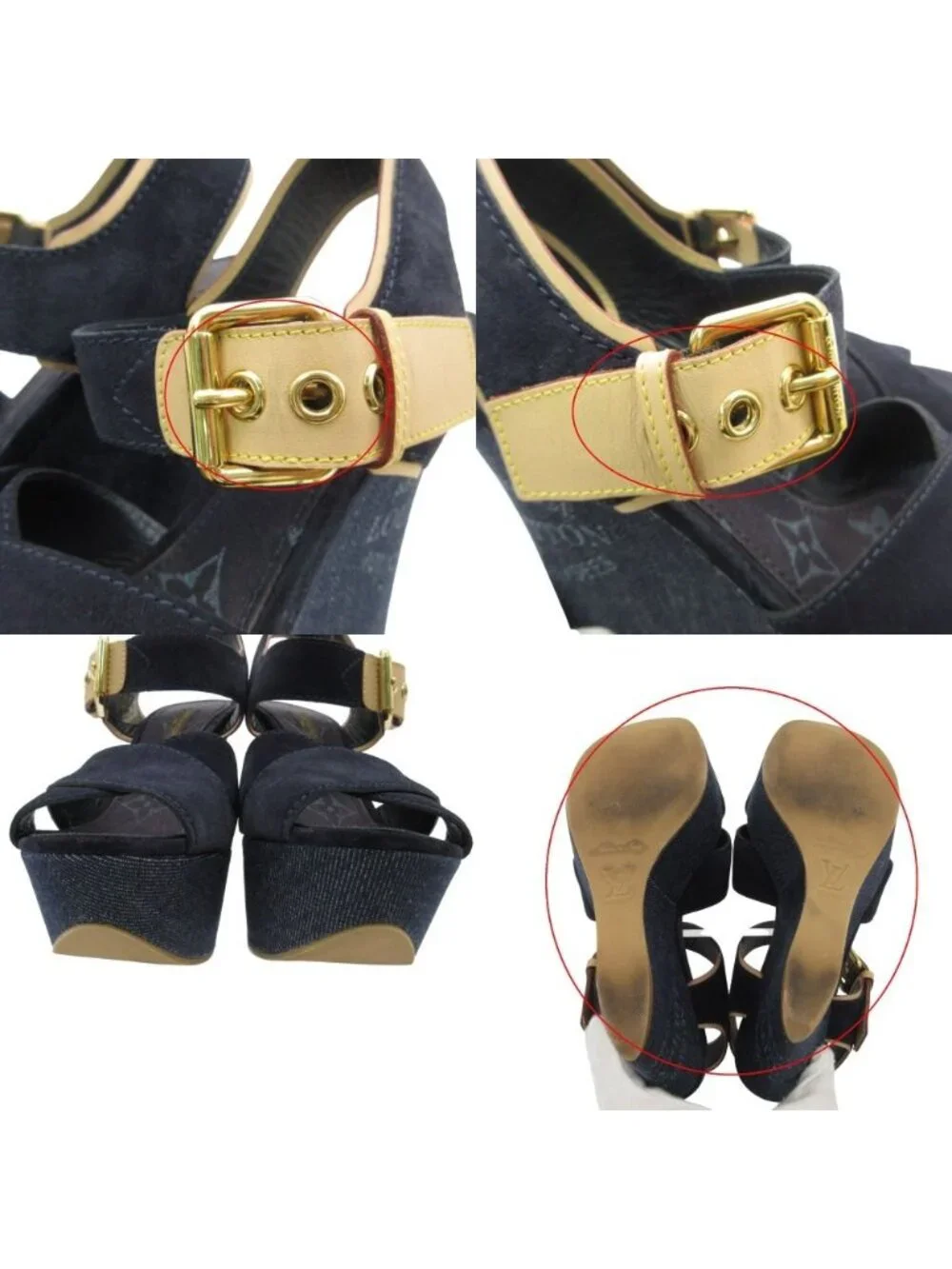 Louis Vuitton Sandals Monogram Wedge Sole Denim Suede Cross Strap Belt Shoes