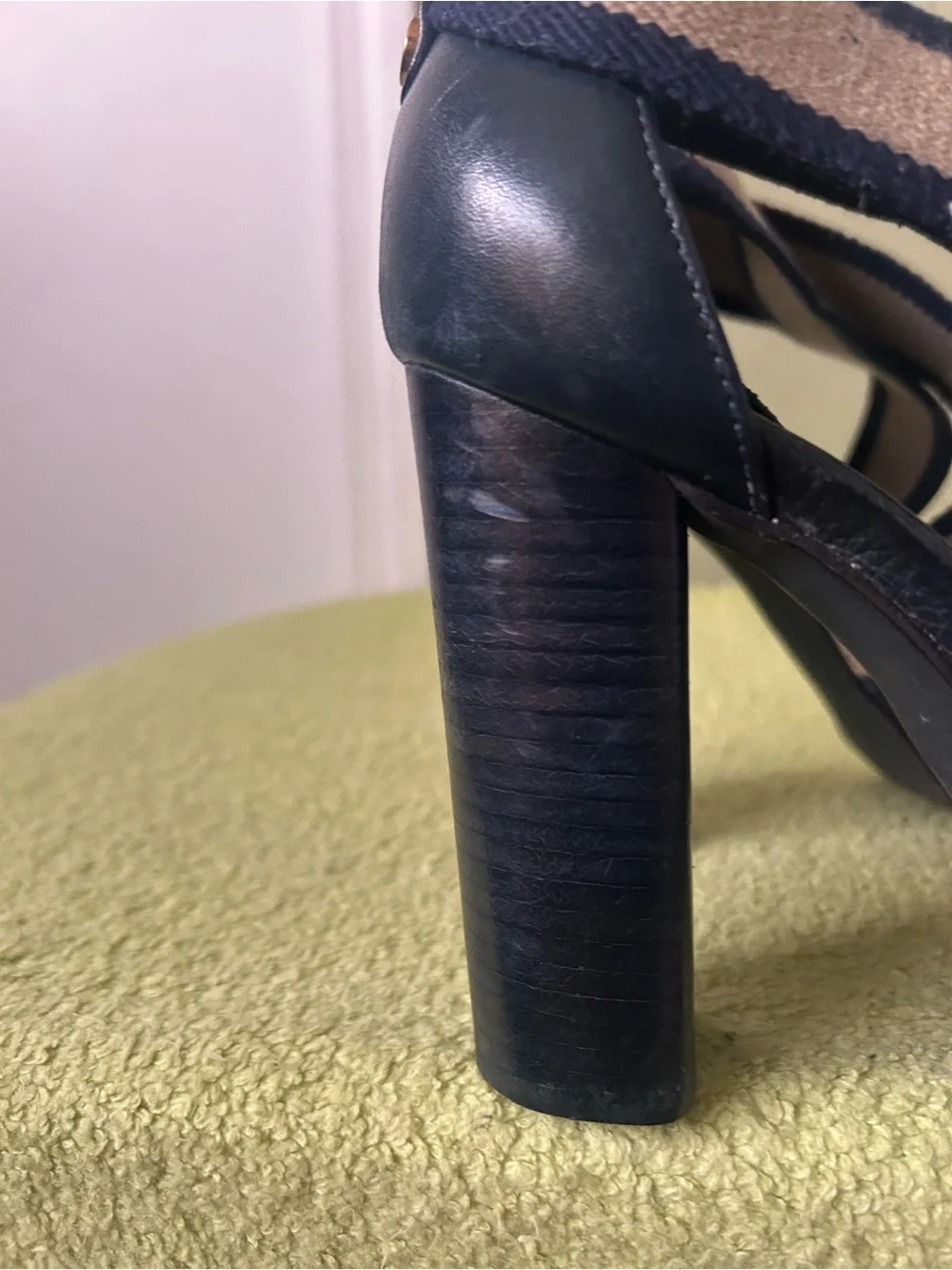 Tory Burch Navy and Beige Striped Block Heel Sandal
