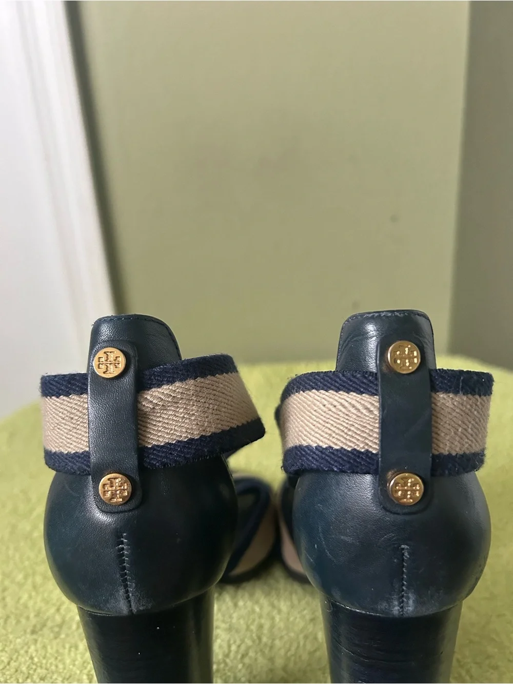 Tory Burch Navy and Beige Striped Block Heel Sandal