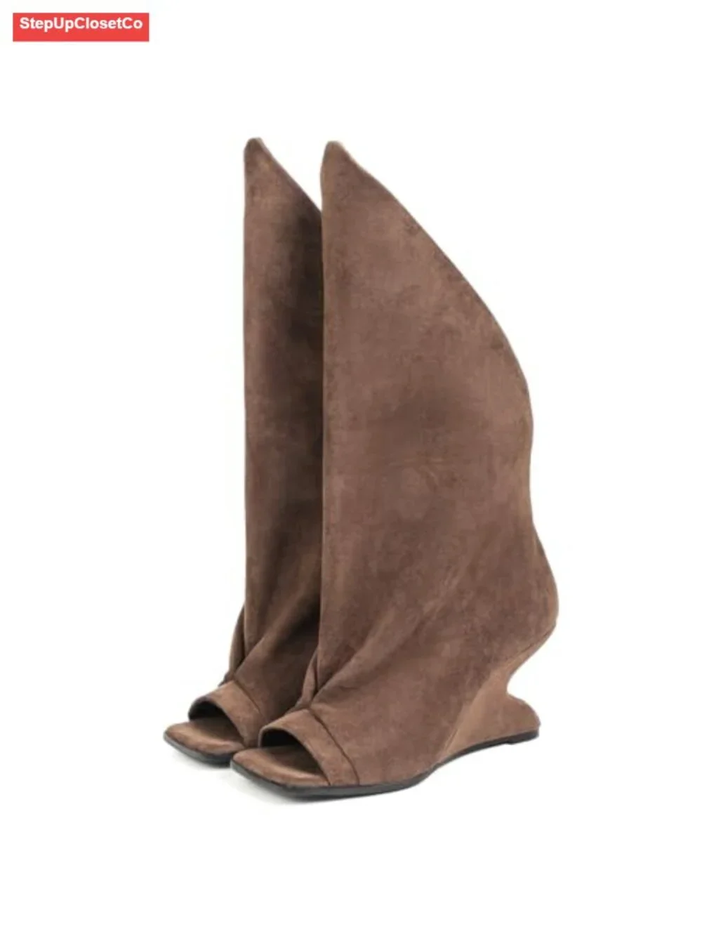 Slouchy Knee-High Peep-Toe Wedge Boots Faux Suede Pull-On
