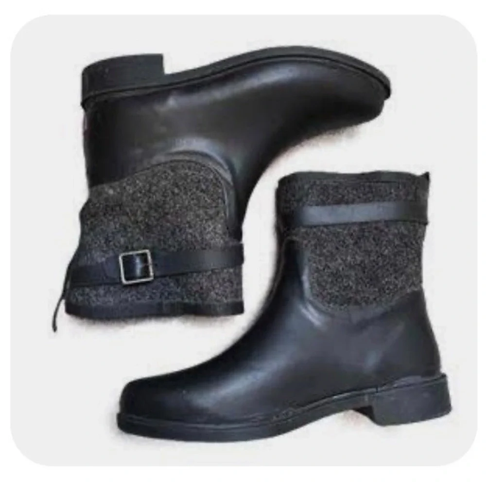 Chooka Herringbone  Rain Boots Womens 8 Black Gray Buckled Fabric Mid 1412603