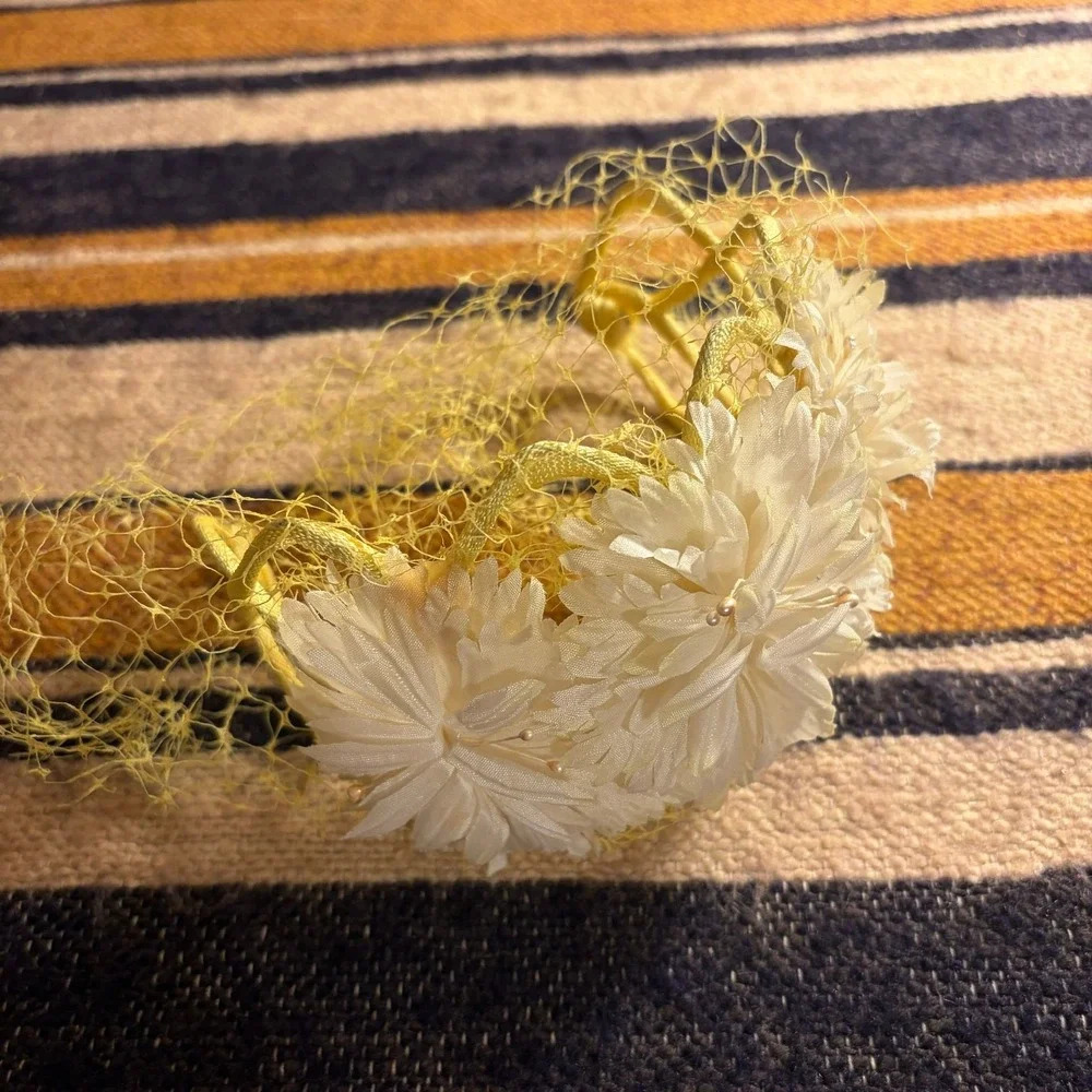 Vintage Fascinator Headband OS Yellow Floral Birdcage Veil Pearl MCM Church Hat