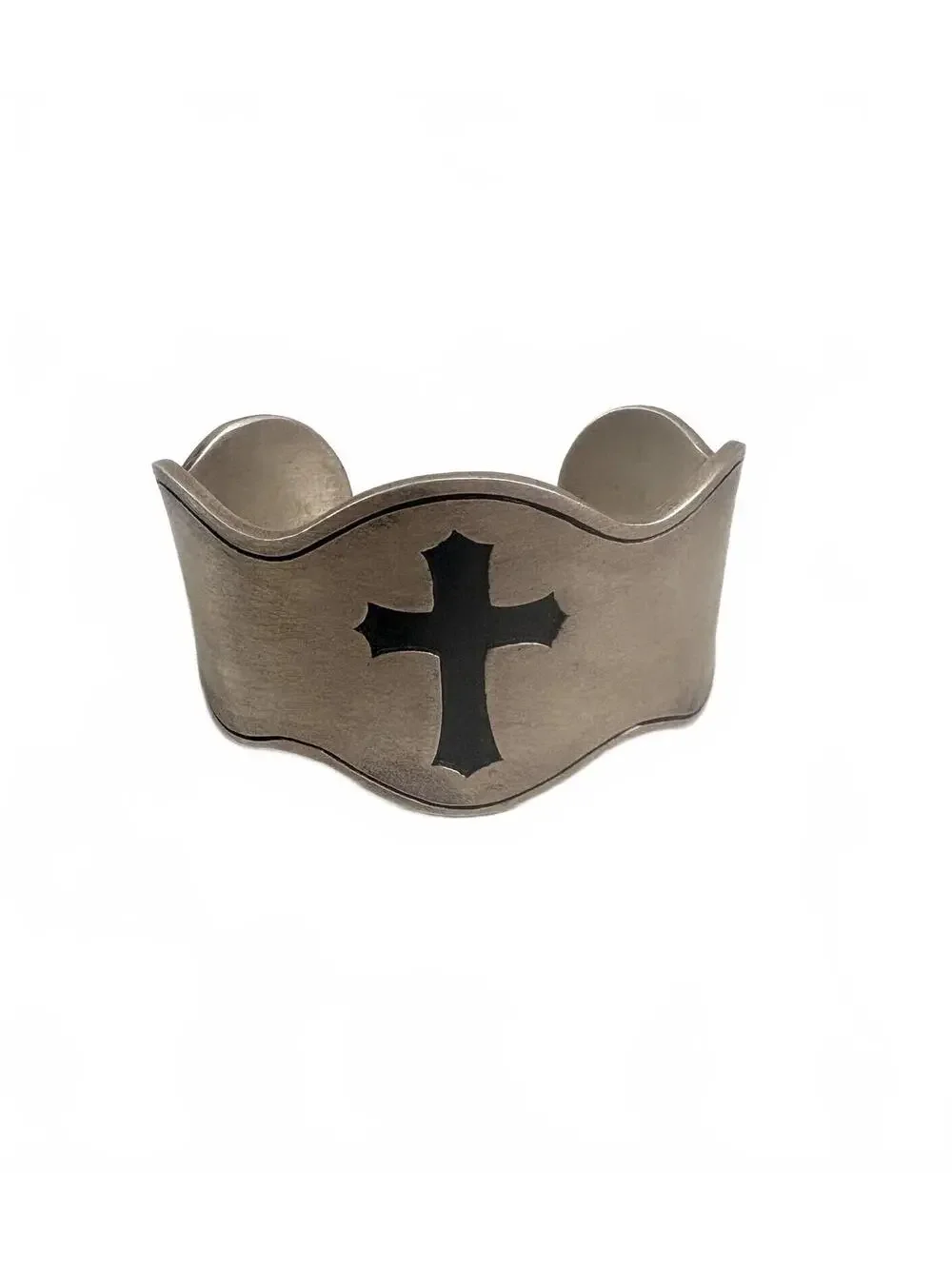 NEW Mens Sterling Silver Wide Scalloped Cuff Bracelet Western Gothic Black Cross