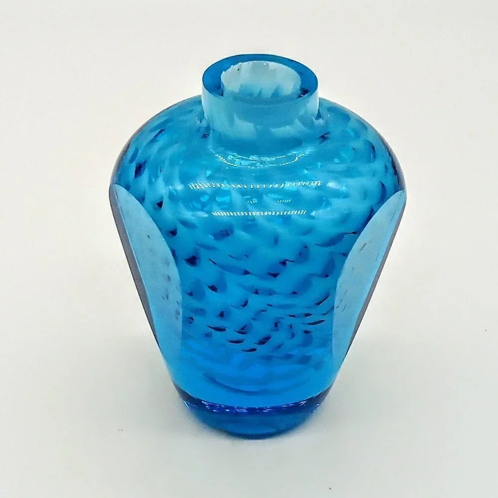 Blue White Swirl Flat Cut Side Art Glass Vase