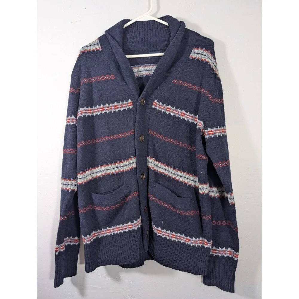 J. Crew Men's Cardigan Shawl Collar Blue Red Striped 100% Lambs Wool Medium‎