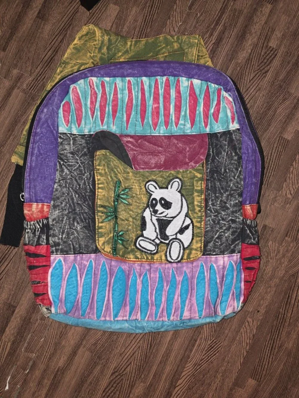 Handmade Multicolor Cotton Backpack With Panda Embroidery 18