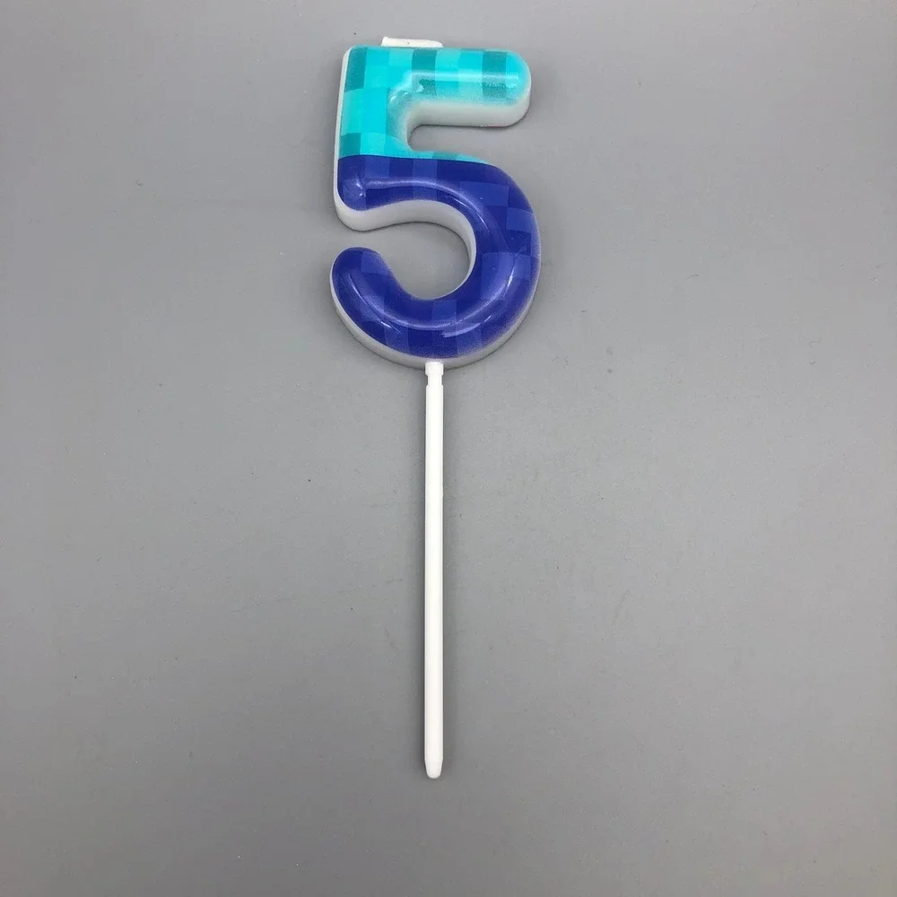 Pixel Gamer‎ Birthday Candle Number # 5 Blue Checkered Cake Topper Gaming Party