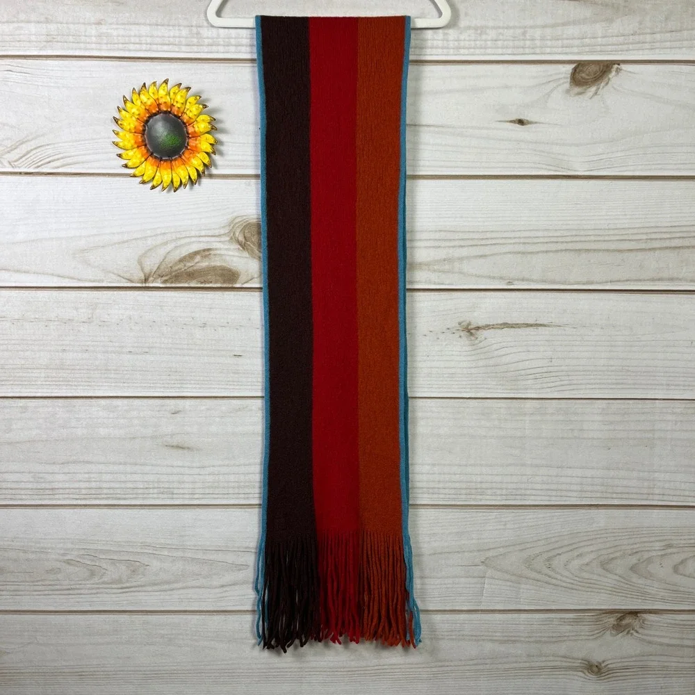 BOSS Hugo Boss‎ Men's Wool Striped Scarf Brown Red Blue Fringe