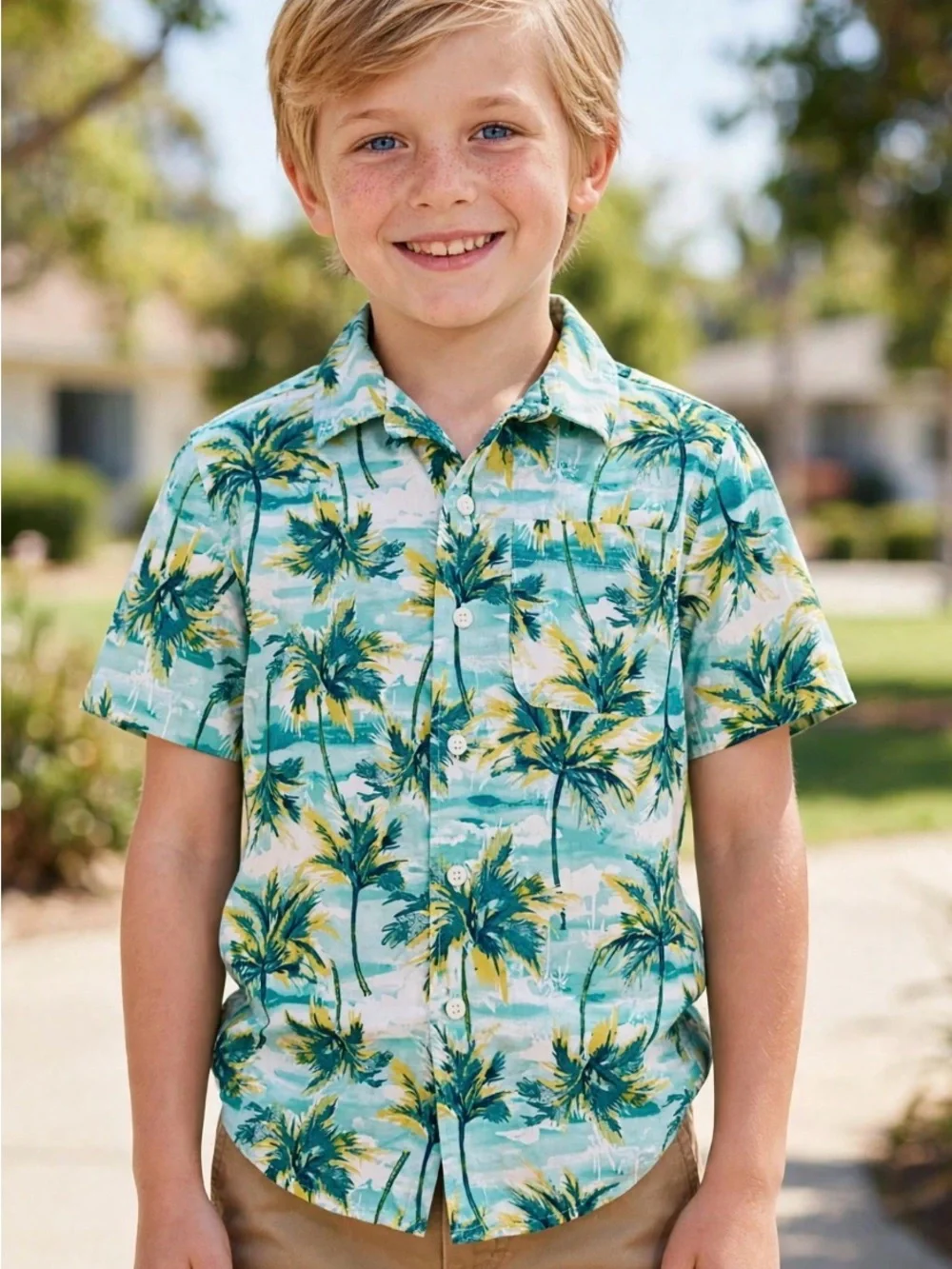 Boys Tropical Palm Print Button-Up Shirt - Teal- Summer Beach Shirt- Old Navy