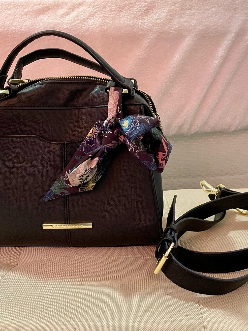 Steve Madden Black Satchel with Floral Scarf Accent
