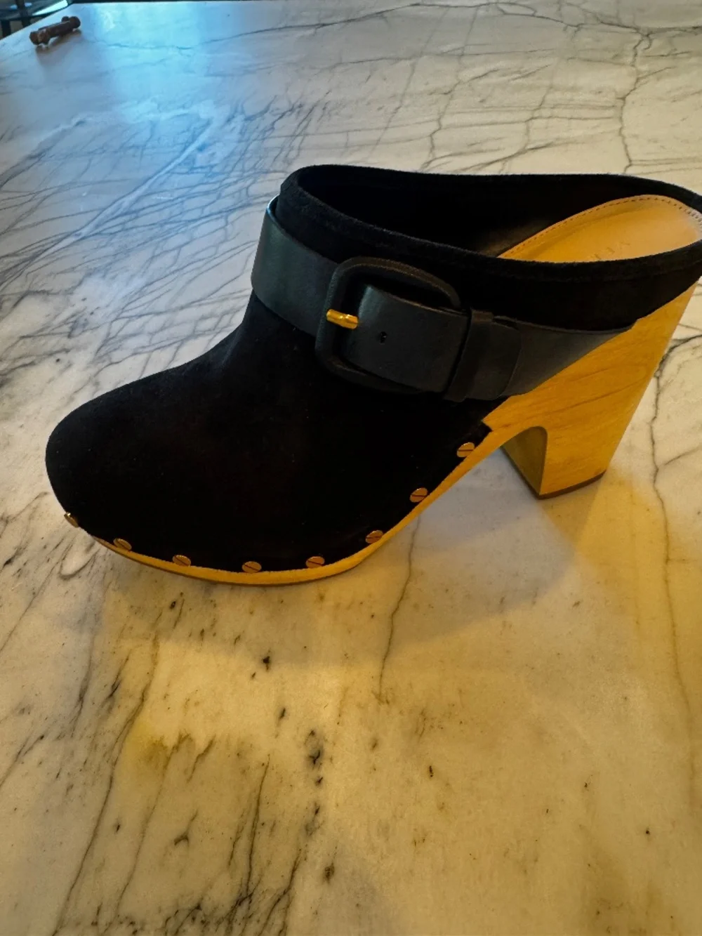 Veronica Beard clogs buckled rubber