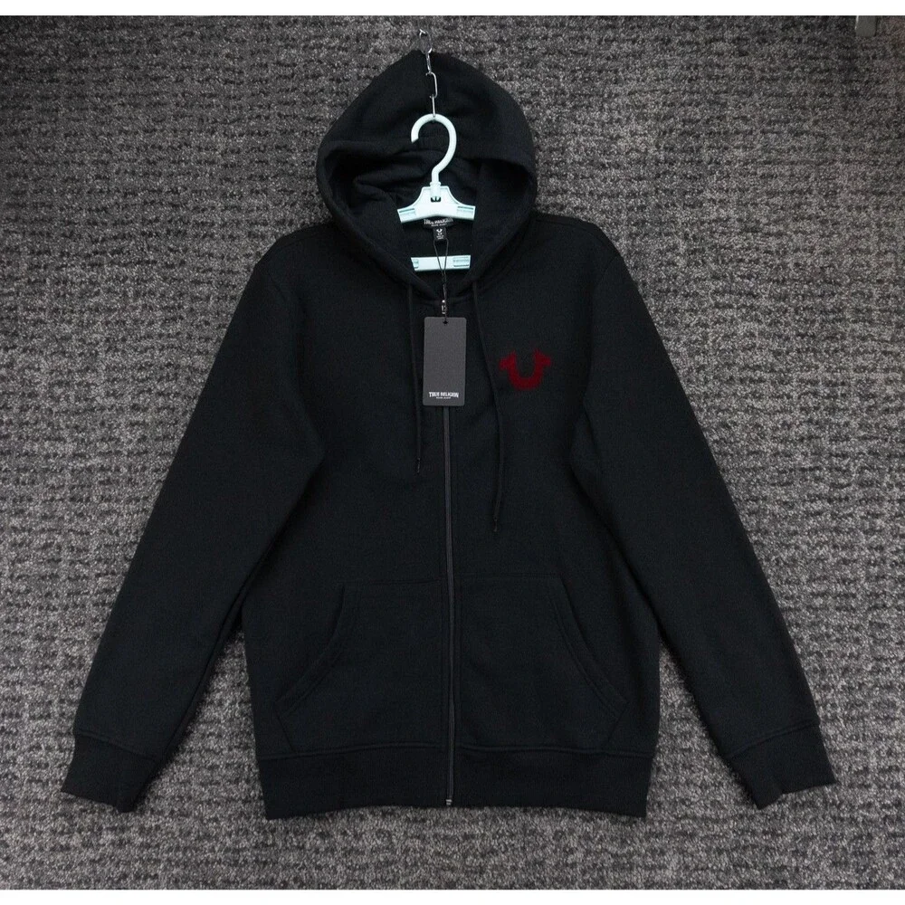 True Religion Hoodie Mens Small Black Full Zip Jacket Graphic Print Logo NWT