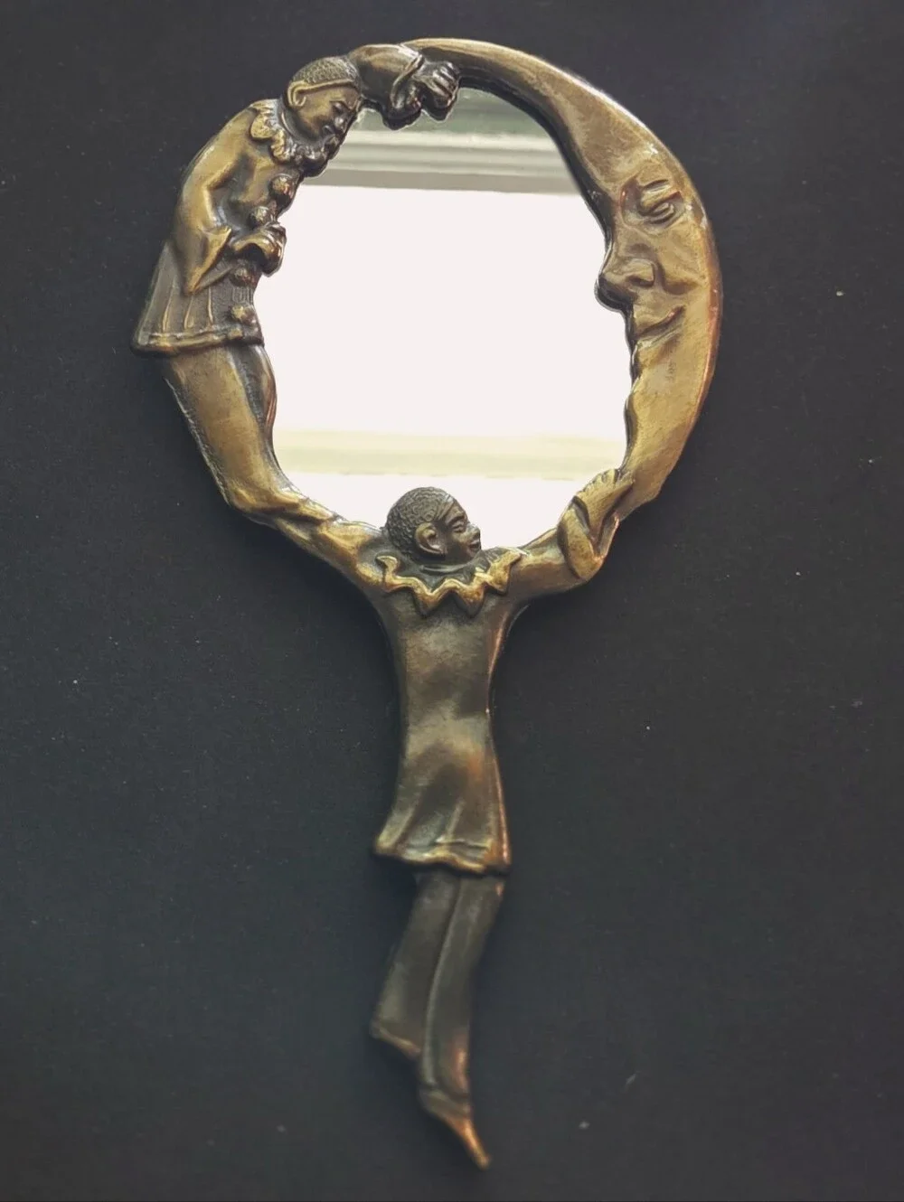 Vintage Art Nouveau Bronze Pierrot Clown Hand Mirror