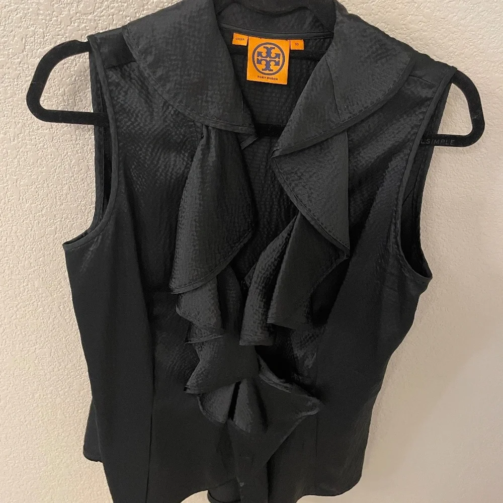 TORY BURCH Black  Kathleen Silk Ruffled V Neck Sleeveless Blouse Size 10