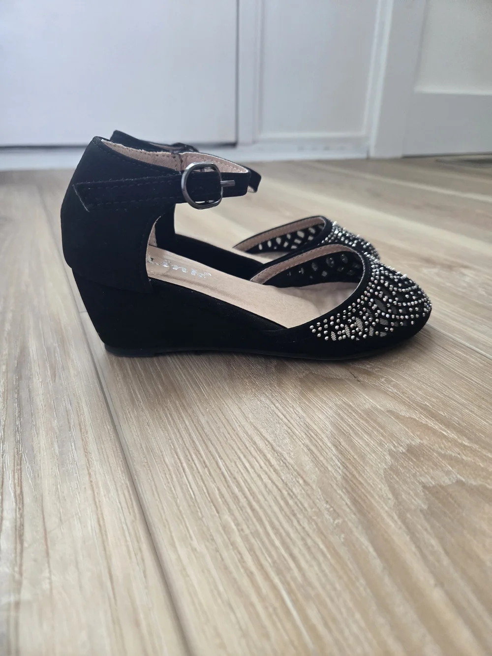Link Black Studded Ankle-Strap Wedge Shoes
