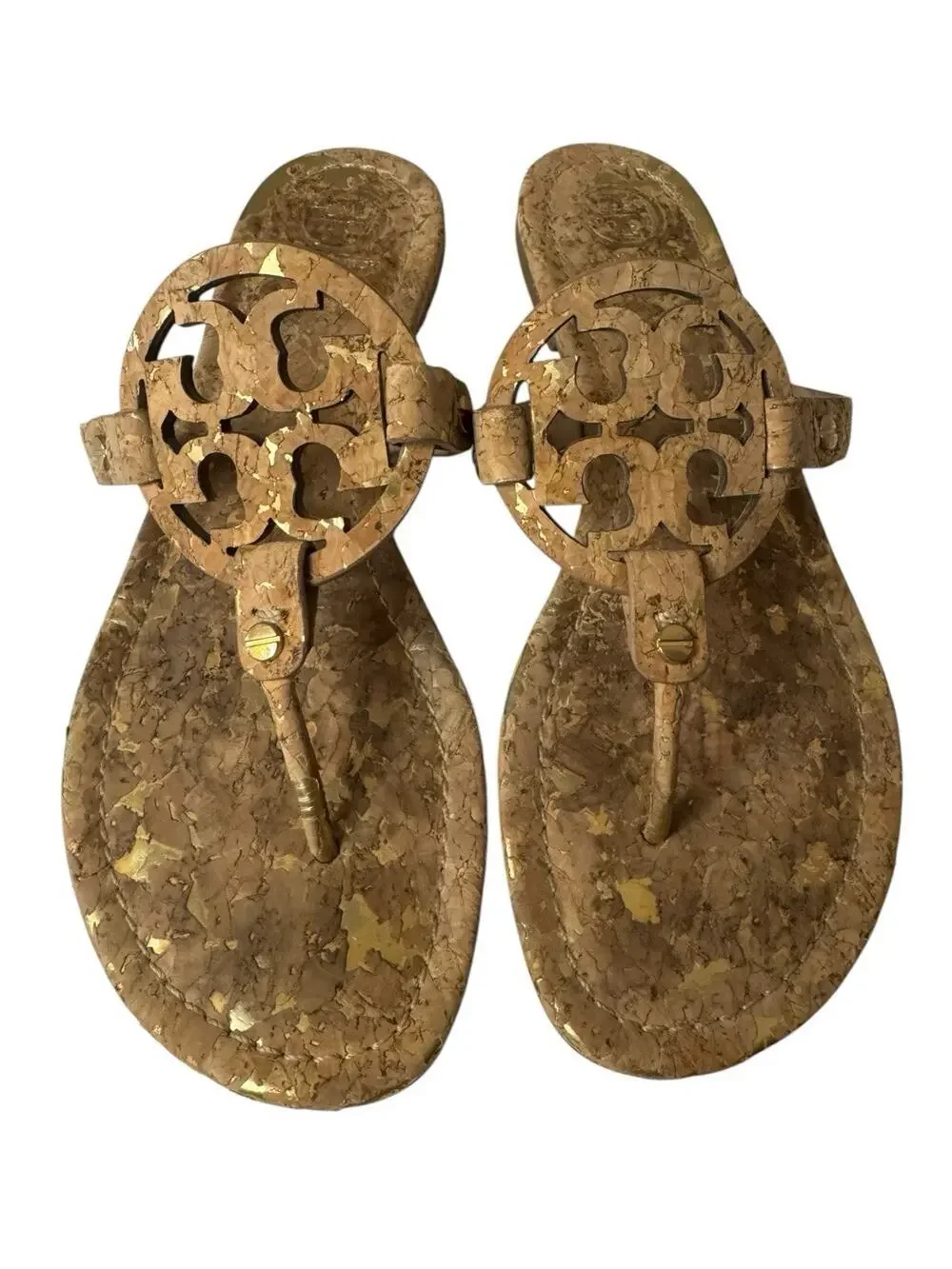 Tory Burch Miller Cork Neutral Thong Sandals Classic Logo Size US 8 Gold Flecks