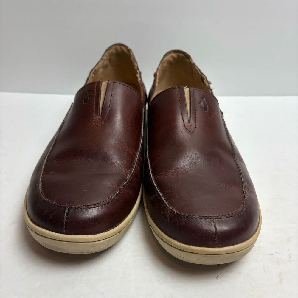 Olukai Kama’aina Men’s Slip on Loafers Brown Leather Tooled Size 9