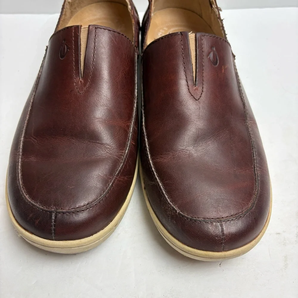 Olukai Kama’aina Men’s Slip on Loafers Brown Leather Tooled Size 9