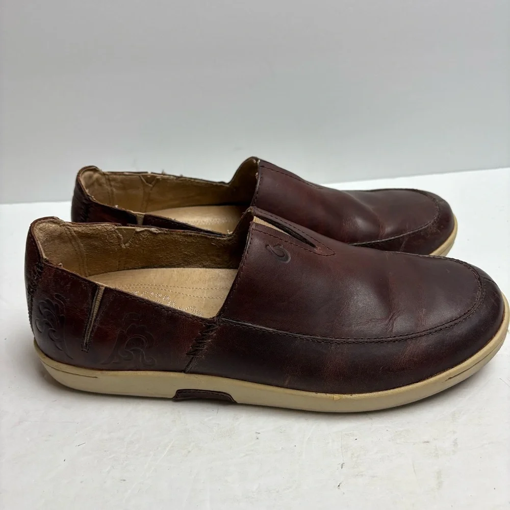 Olukai Kama’aina Men’s Slip on Loafers Brown Leather Tooled Size 9