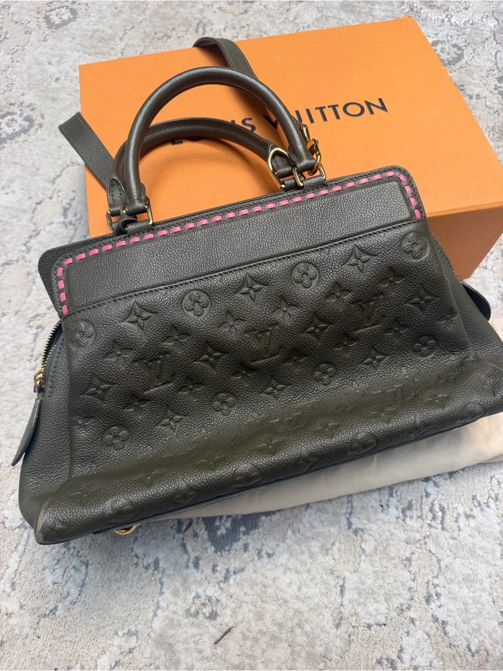 Louis Vuitton Olive Green Monogram Empreinte Satchel with Pink Accent