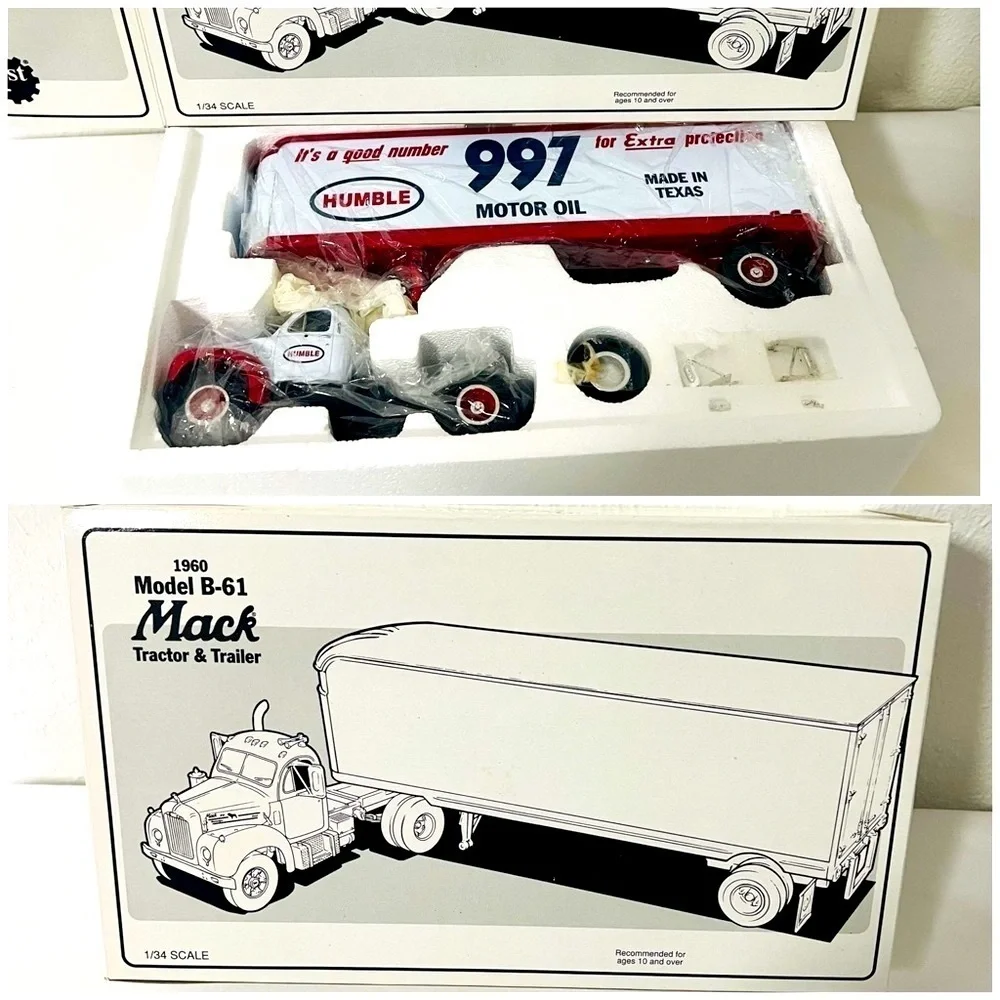 Vintage 1960 Mack Tractor & Trailer Model B-61 Red and White NIB Die Cast Metal