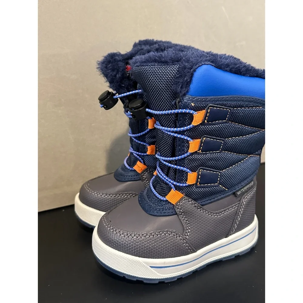 Wonder Nation Boys Waterproof Snow Boots‎ Navy Blue Grey Orange Size 6