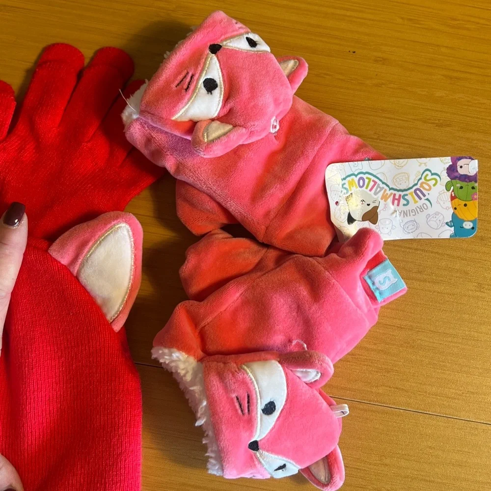 NWT Squishmallows Pink Fox plush beanie, hat, glove, and mittens set small