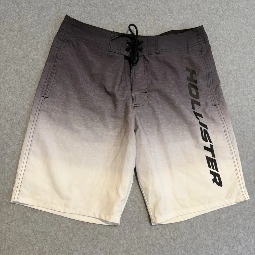 Hollister Mens 32 Swim Board Shorts Gray White Ombre Gradient Logo Trunks