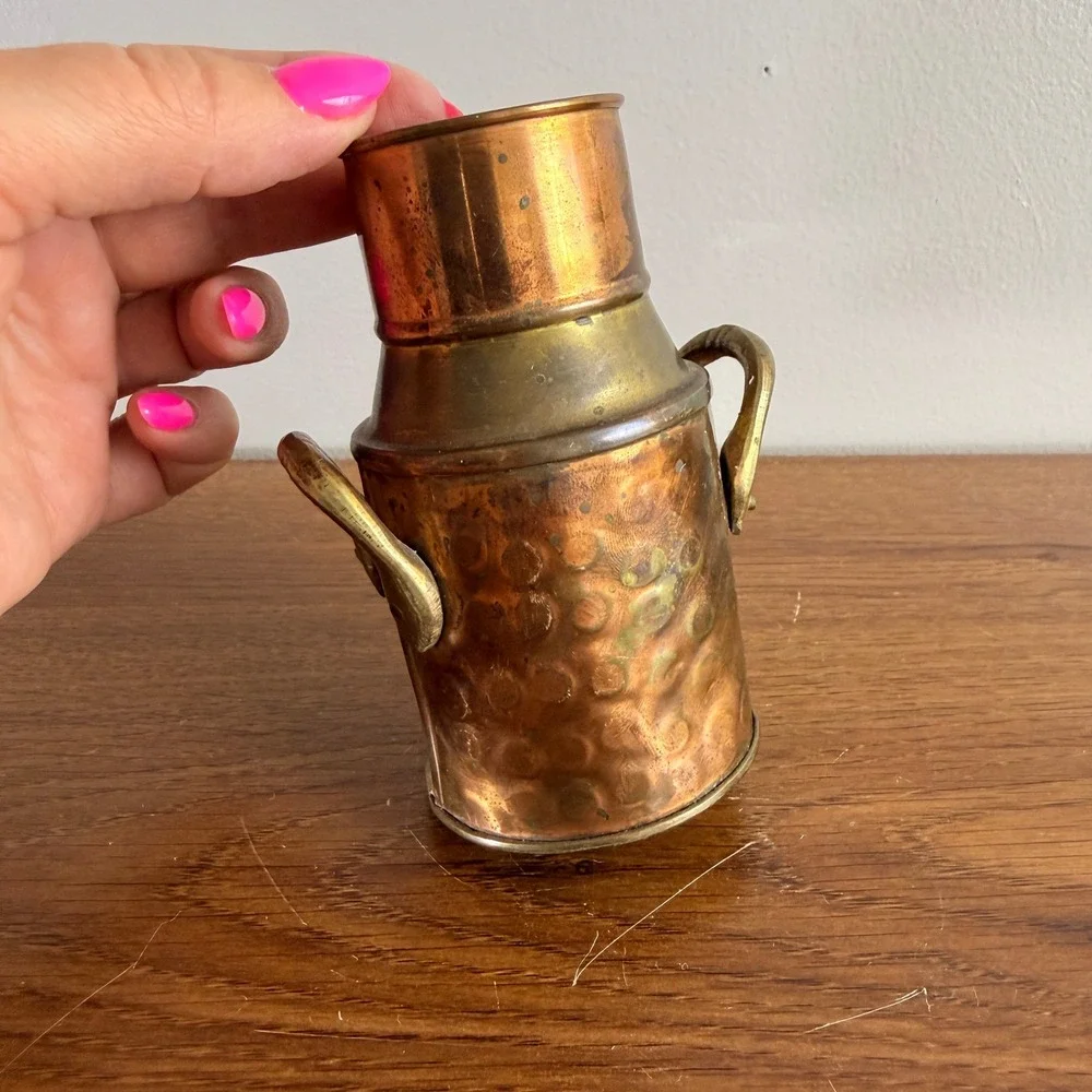 Vintage C.C.A.C. Copper Brass Mini Milk Can Vase India Hammered Patina