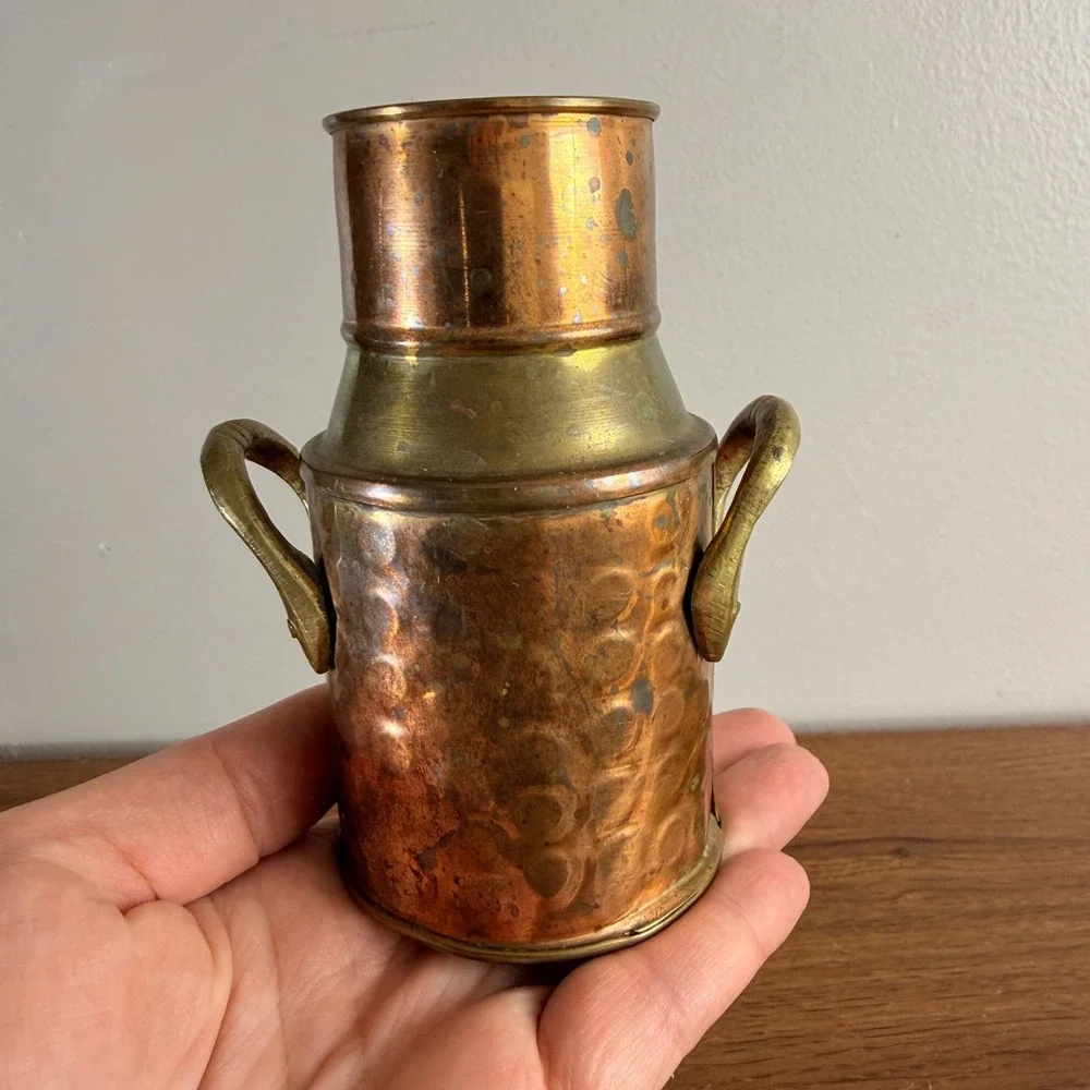 Vintage C.C.A.C. Copper Brass Mini Milk Can Vase India Hammered Patina