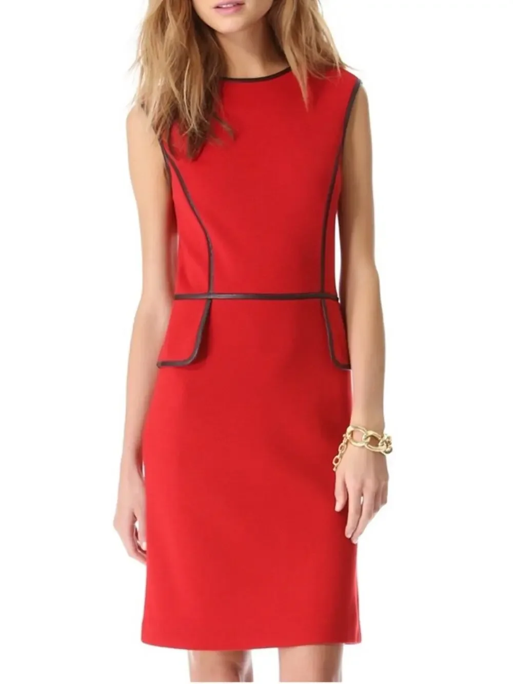 Tory Burch Womens XS Red Wool Blend Sheath Dress with Leather Trim