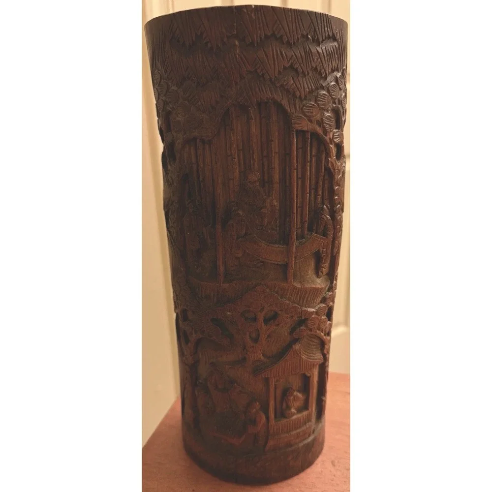 Antique Chinese carved‎ landscapes and figurines bamboo brush pot Vase