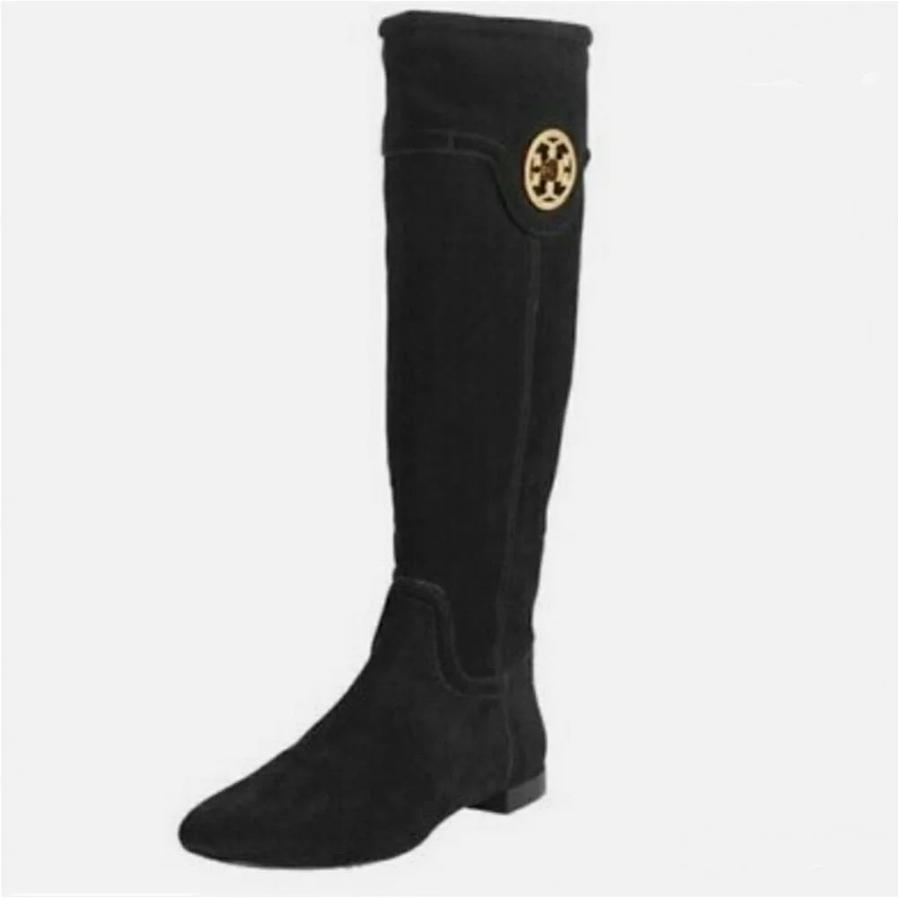 TORY BURCH Selma Black Suede Logo Riding Tall Boot Knee High size 5