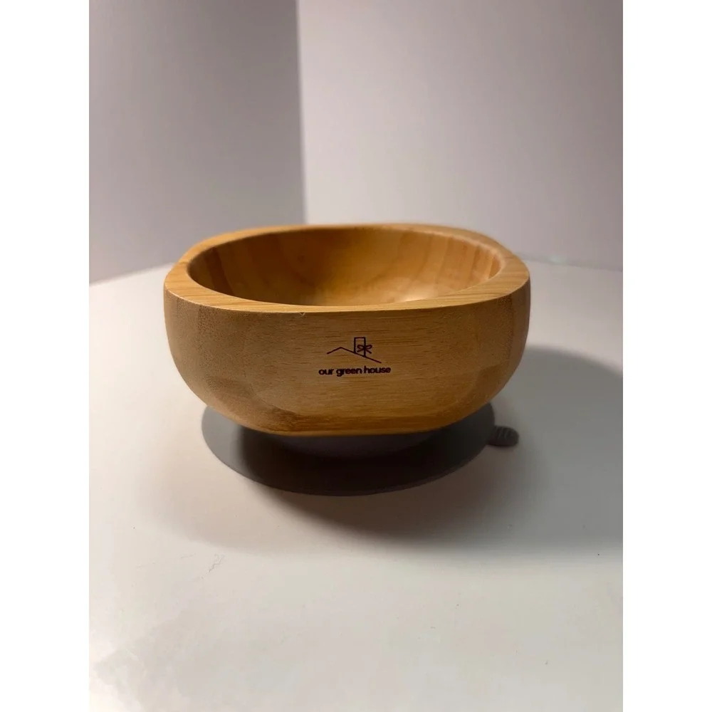 Our Green House Bamboo Suction Bowl Kids Feeding Natural Wood Gray Base
