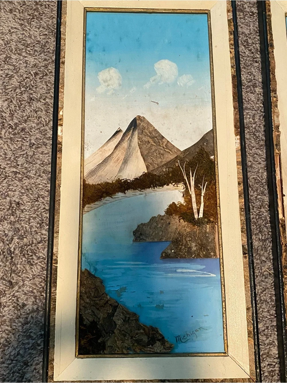 Vintage 1950’s Japan Bark & Moss Wall Art Mountain Lake Scene Michigan Set of 2