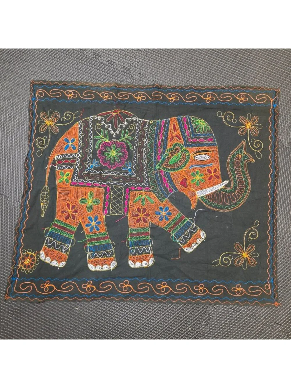 Indian Elephant Embroidered Testile Wall Hanging Mirror Work Boho Fold Art Decor