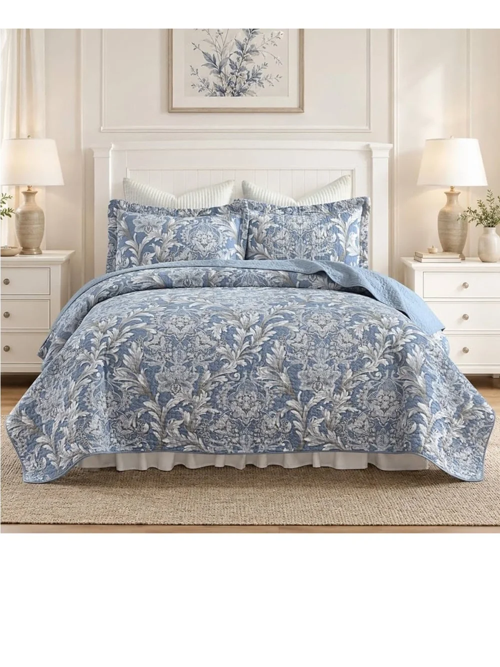 100% Cotton Blue Floral King Quilt Set Luxury Damask 106x98 3 Pcs Reversible