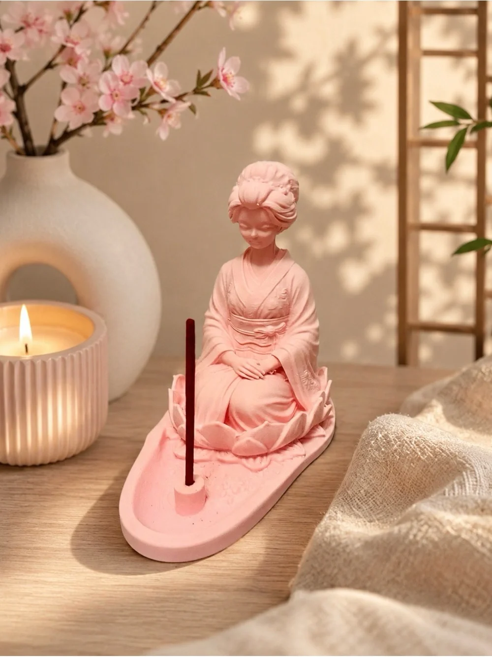Pink Ceramic Geisha Incense Holder - Elegant Home Accent