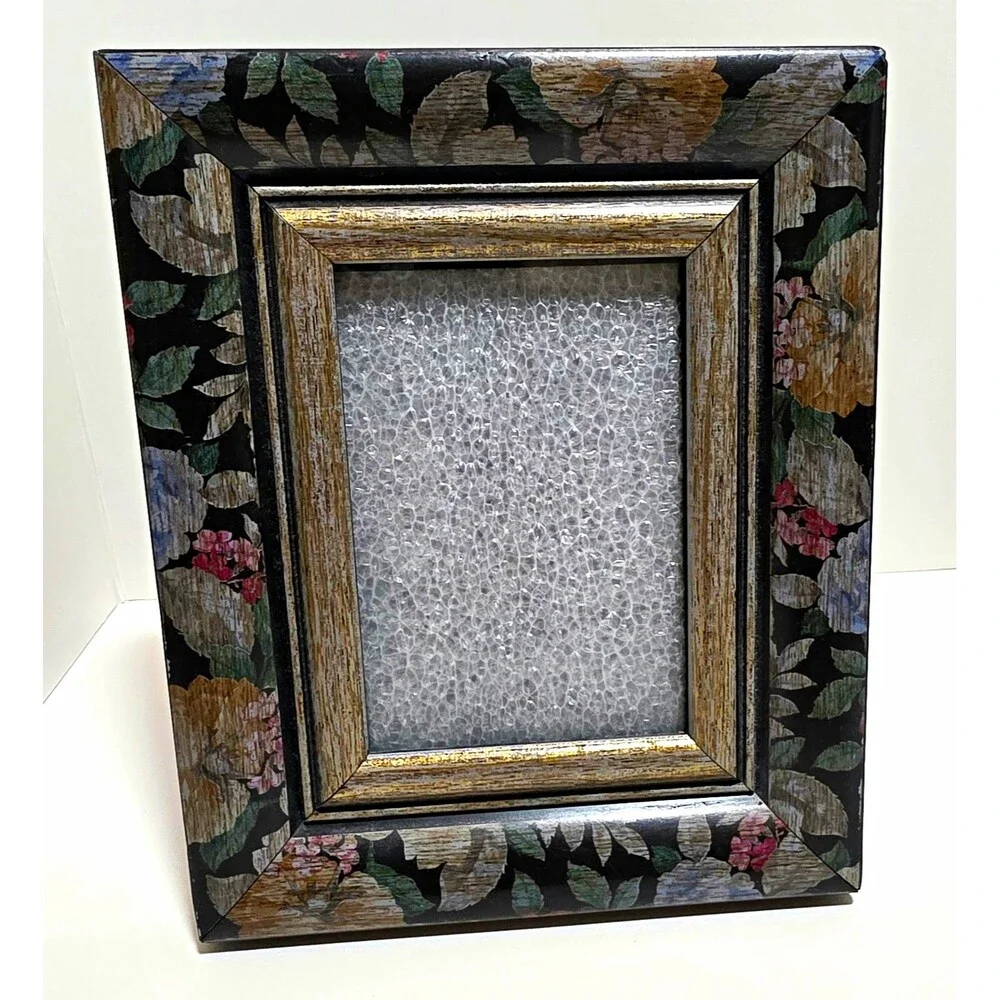 Floral Photo Frame, Black Gold Multicolor, Freestanding Easel Back