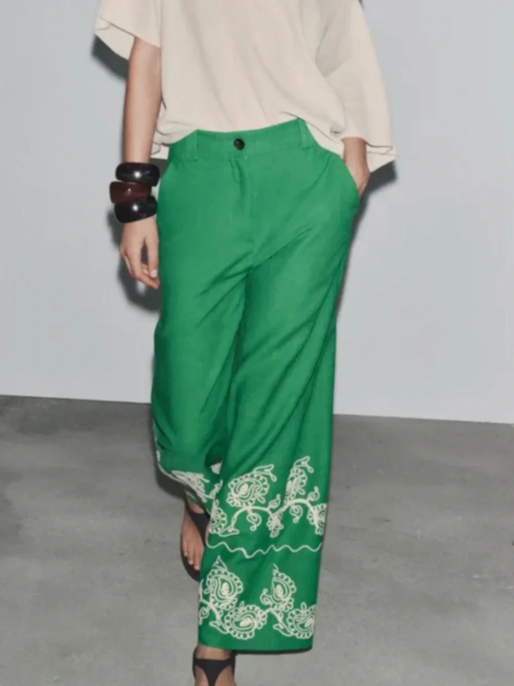 ZARA Green Embroidered Wide Leg Linen Blend Trousers