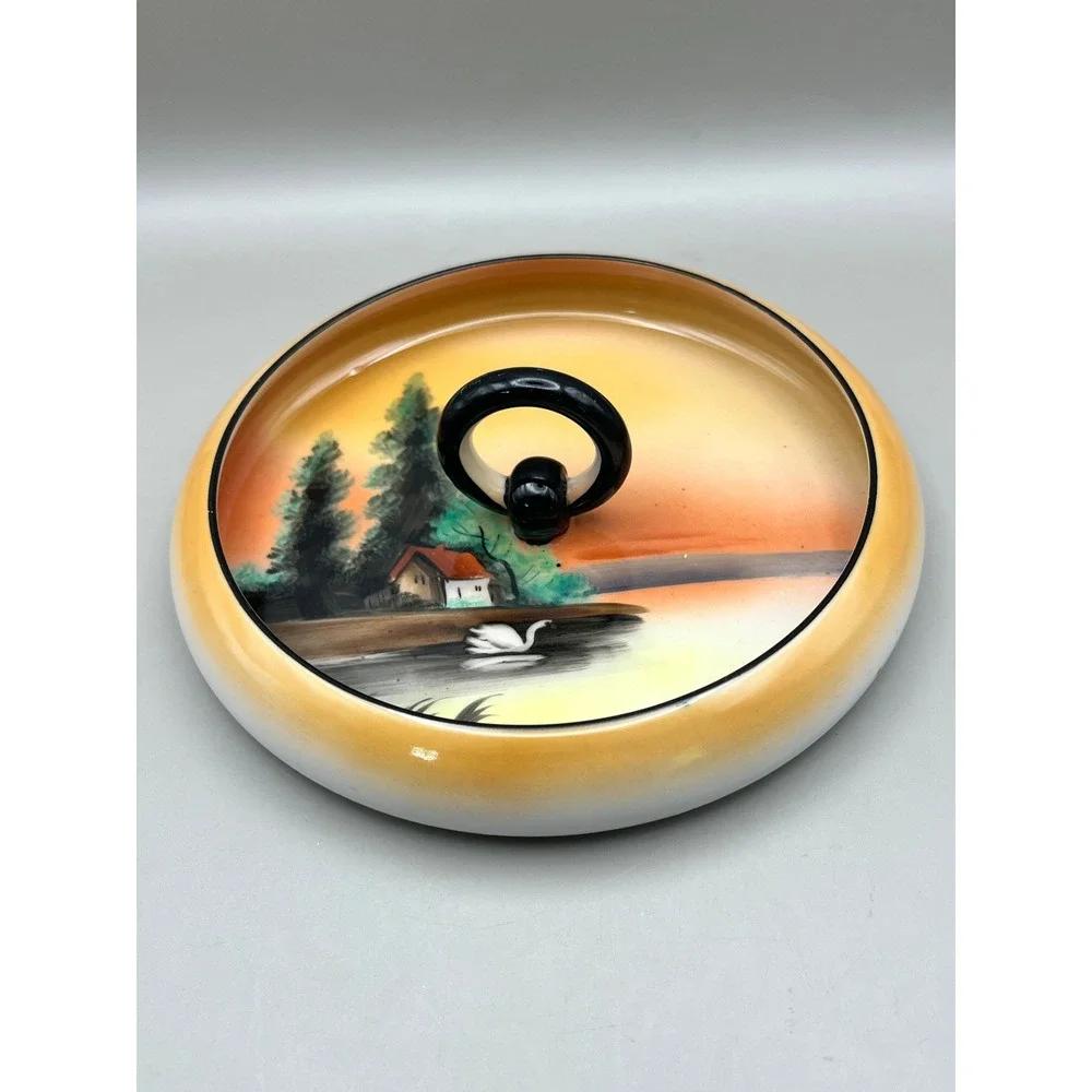 Antique 1904 Noritake Hand Painted Swan Landscape Tray Center Ring‎ Handle 6