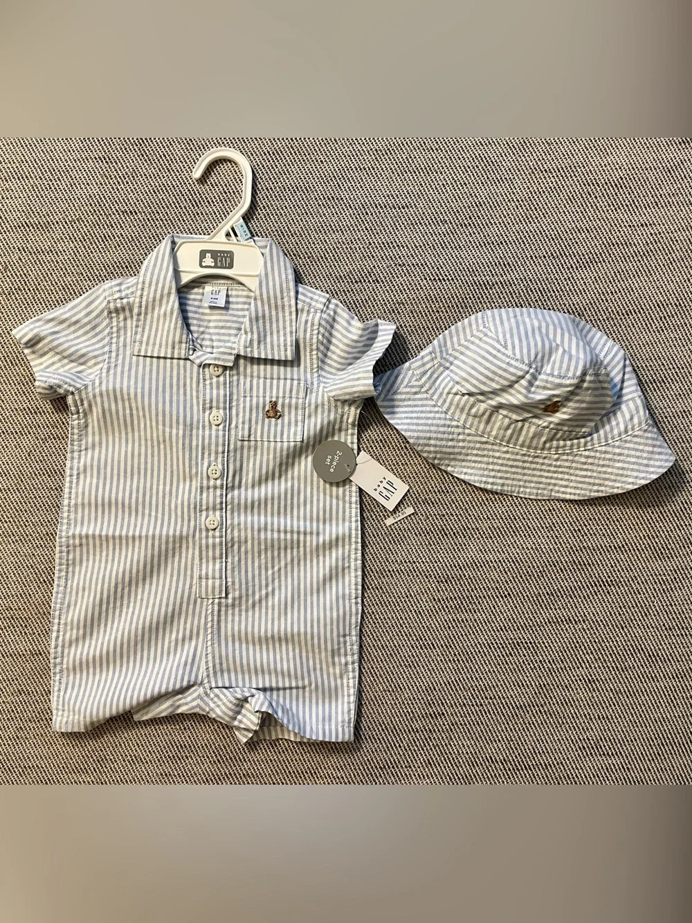 GAP Blue and White Striped Baby Romper with Hat