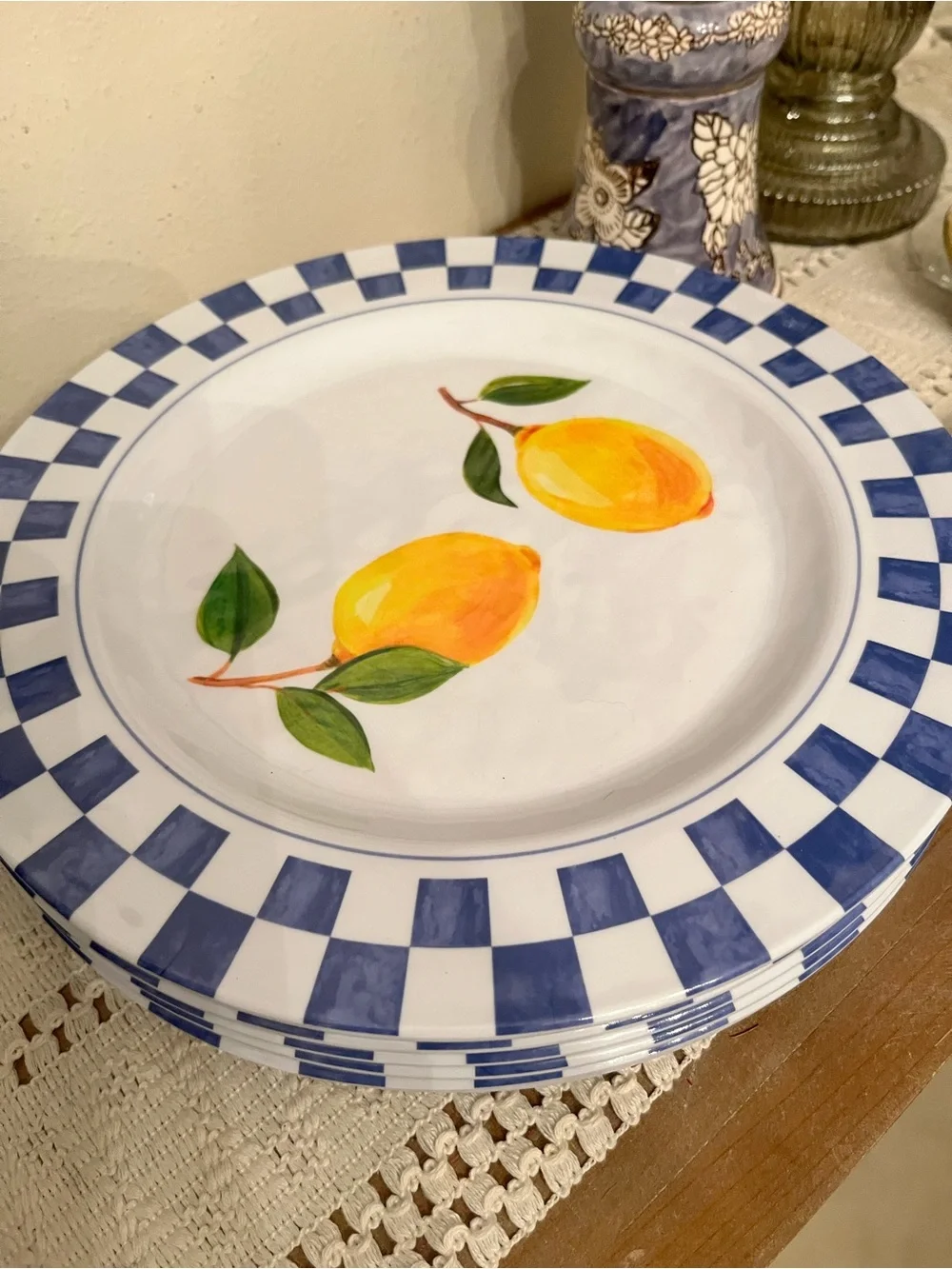 Blue Check & Lemon Melamine Dinner Plate - White/Blue/Yellow