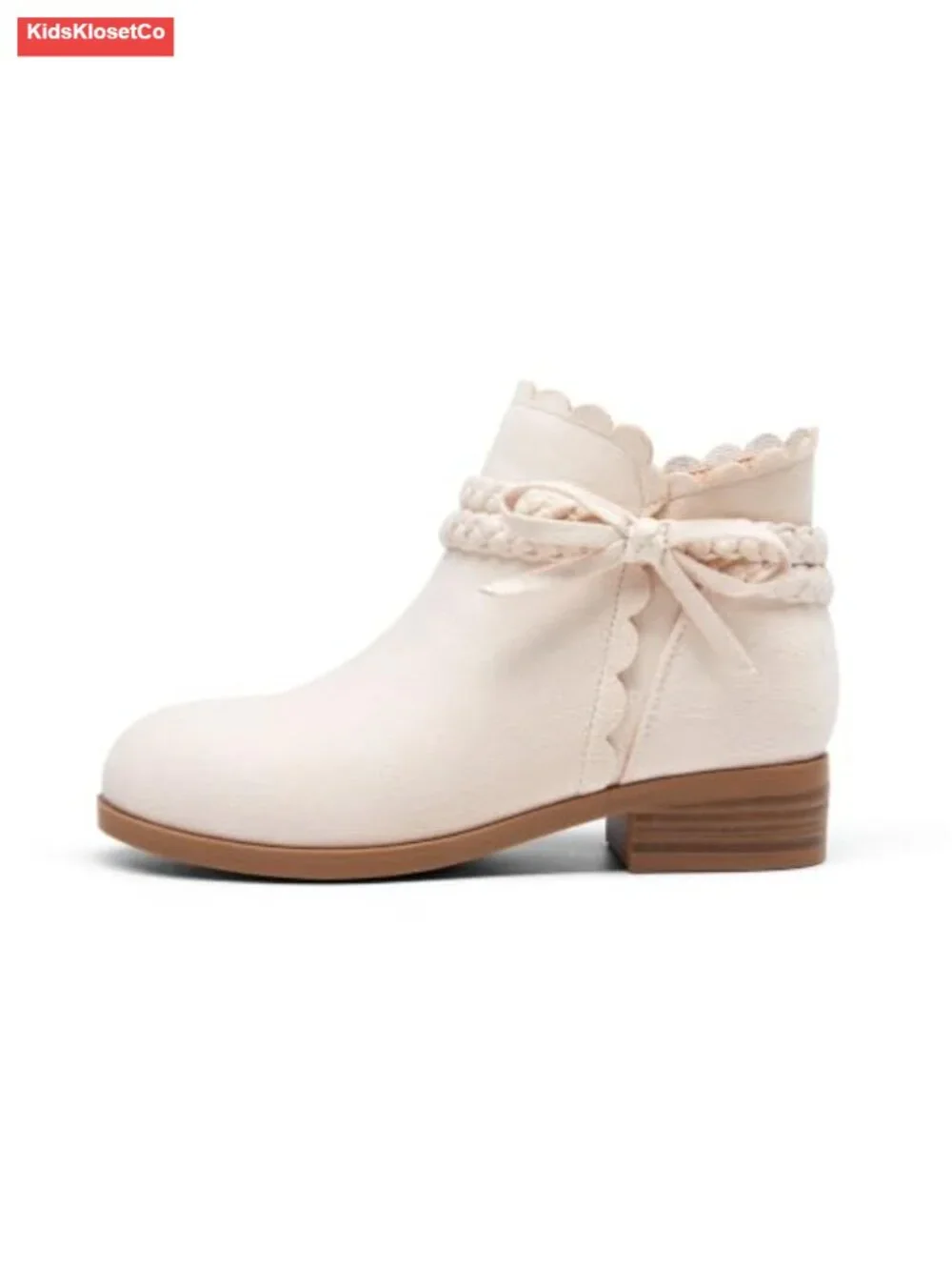 Girls Faux Suede Ankle Boots Bow Braided Strap Low Heel Zip Dress Shoes